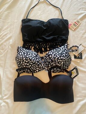 3 brand new Women’s Black Strapless Bra, Bikini Top and swim top w/ Fringe